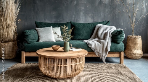 Modern lounge area with a forest green sofa, wooden coffee table, and soft linen throws