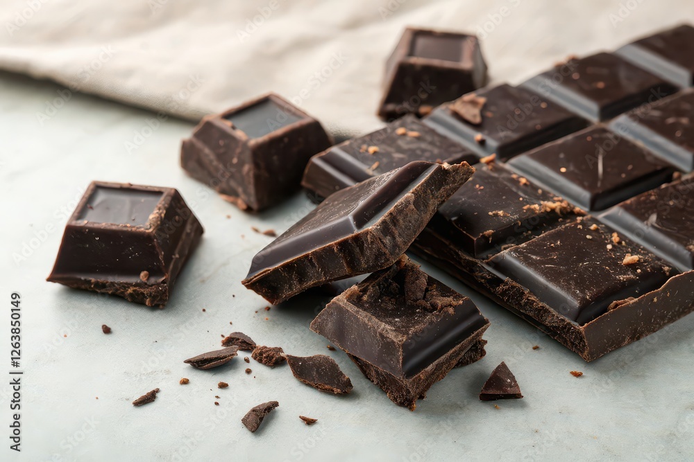 Dark chocolate pieces scattered on a marble surface, with a soft cloth in the background Dark chocolate pieces scattered on a marble surface, with a soft cloth in the background