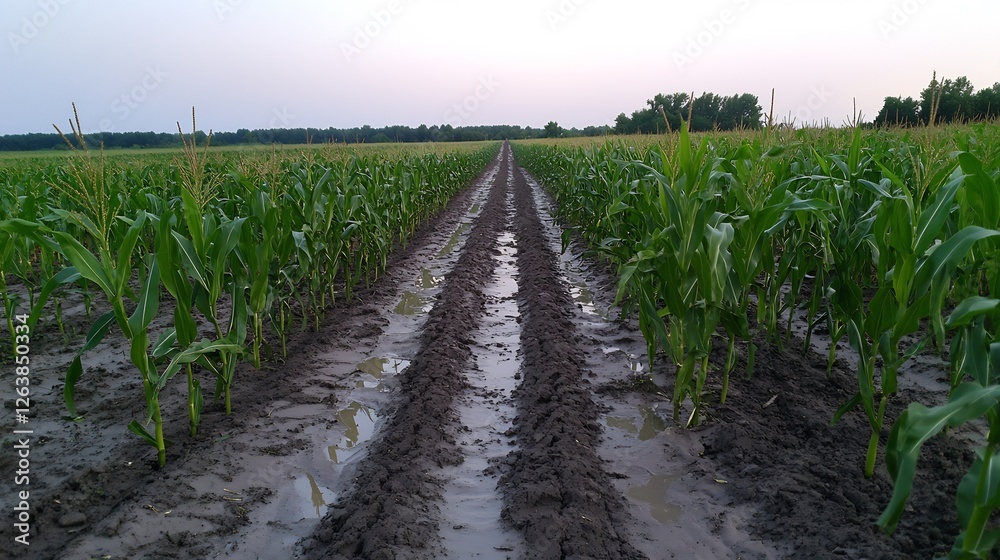 Fototapeta premium Cornfield after rain, wet paths between rows