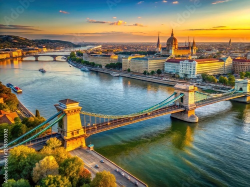 Budapest's Chain Bridge: breathtaking drone photography captures a panoramic cityscape.  Hungary's iconic view.
