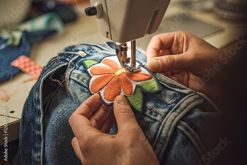 Close-up of Sewing Machine Attaching Embroidered Flower Patch to Denim Jacket, Warm Lighting, Home Craft, Creative Upcycling, DIY Fashion