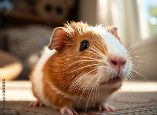 an image of a guinea is sitting on a rug in a room, there is a small brown and white guinea sitting on a rug photo