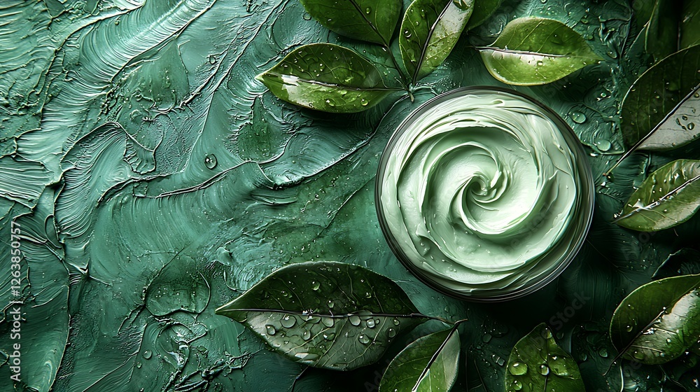 Fototapeta premium Green skincare cream, leaves, textured background; beauty product for ads