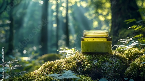 Green skincare jar in sunlit forest