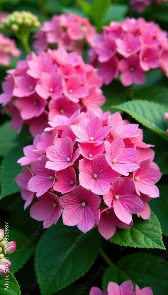 Close-up of large pink hydrangea blooms among lush garden flowers and leaves, bloom, nature, pink Close-up of large pink hydrangea blooms among lush garden flowers and leaves, bloom, nature, pink