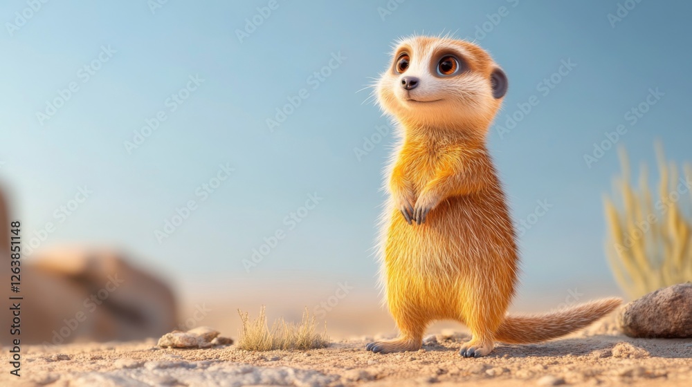 Fototapeta premium Cute cartoon meerkat standing in a sandy desert environment