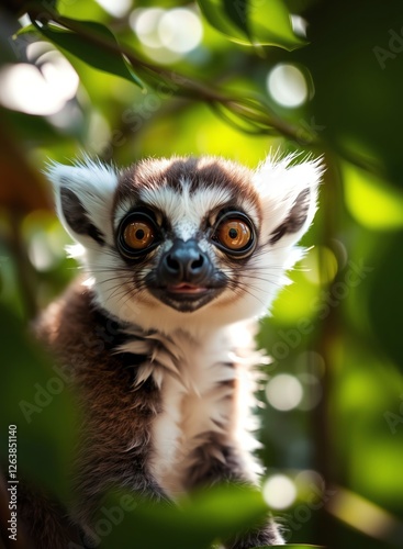 an image of a close up of a small animal in a tree, there is a small lemur sitting on a tree branch photo