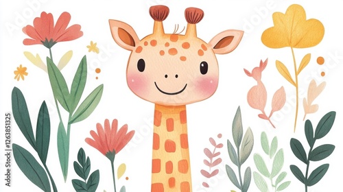 Cute Giraffe Surrounded by Colorful Flowers and Plants in Art