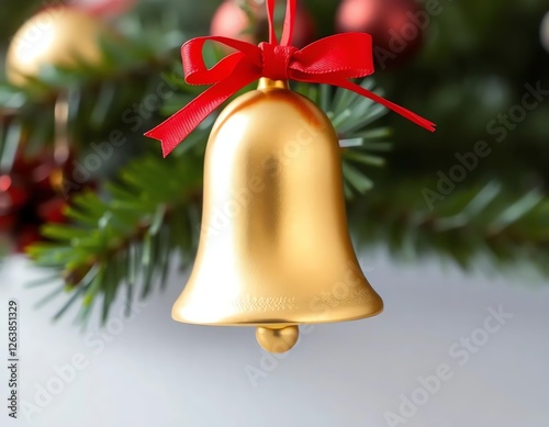 an image of a gold bell hanging from a christmas tree, there is a gold bell hanging from a christmas tree with red ribbon photo