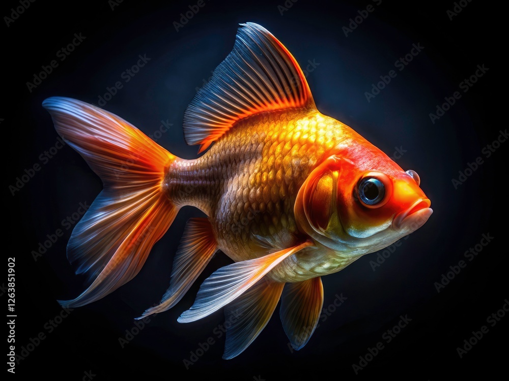 Classic goldfish glows, vibrant colors against a black backdrop. Classic goldfish glows, vibrant colors against a black backdrop.