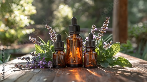 Lavender essential oil bottles outdoors, sunlight, herbs