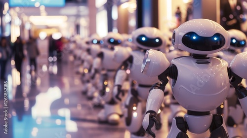 Wallpaper Mural A sleek lineup of humanoid robots with glowing blue eyes displayed in a modern mall, symbolizing advancements in robotics, AI technology, and consumer-oriented androids. AI generated. Torontodigital.ca