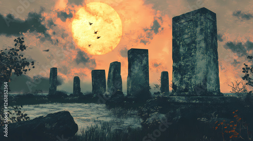 Stonehenge england: ancient megaliths, prehistoric monument, sunrise photography, mystical landscape. Lava-Covered Megaliths. Illustration photo