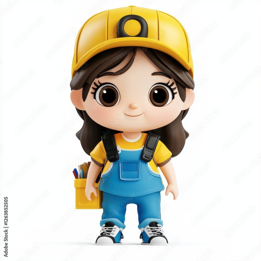 Fototapeta premium Cute Cartoon Character in Yellow Cap and Overalls with Backpack