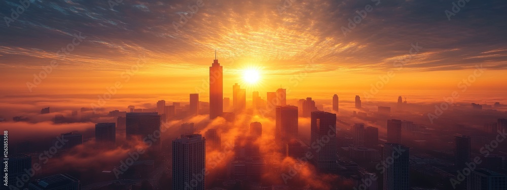 Golden Sunrise Cityscape Urban Dawn Fog Skyscrapers Golden Sunrise Cityscape Urban Dawn Fog Skyscrapers