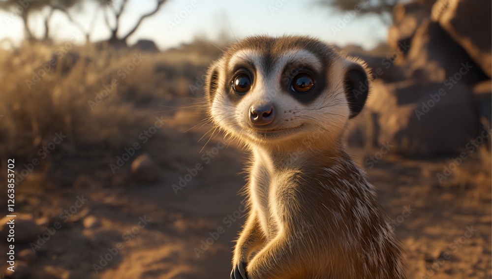 Fototapeta premium Adorable meerkat pup looking directly at camera in African savanna sunset.