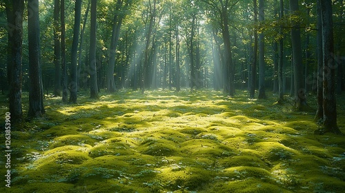 Sunlight filtering through trees in a serene forest, illuminating a moss-covered floor photo