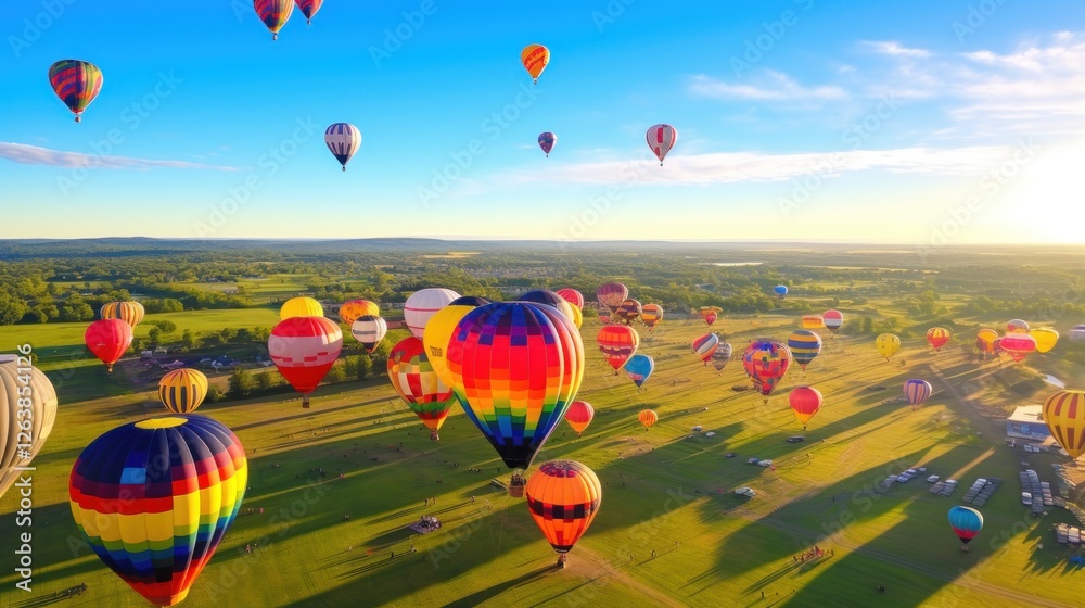 Fototapeta premium Spectacular hot air balloons soaring over a lush green landscape at sunrise