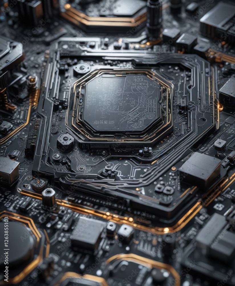 Fototapeta premium Geometric patterns on a futuristic motherboard , computer, abstract, technology