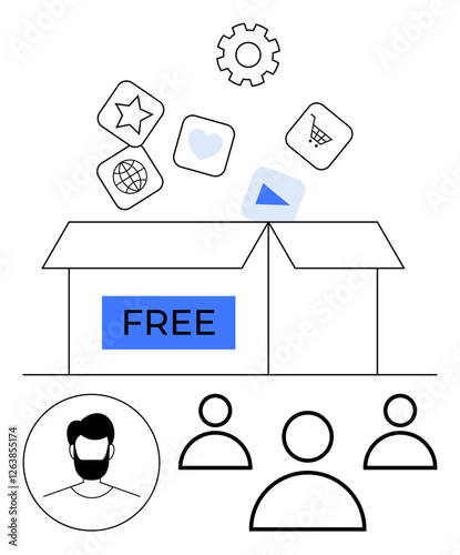 Open box releasing app-related icons, gears, and symbols, surrounded by user figures. Ideal for themes of technology, innovation, software, user engagement, creativity sharing abstract line flat