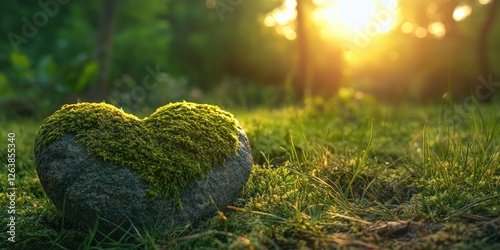 Sun-kissed heart-shaped rock, veiled in lush green moss, rests atop a gently blurred meadow. Light dances through blades of grass.   photo