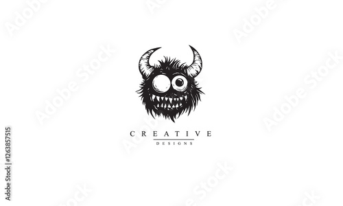Halloween monster with one eye and horns black vector icon white background