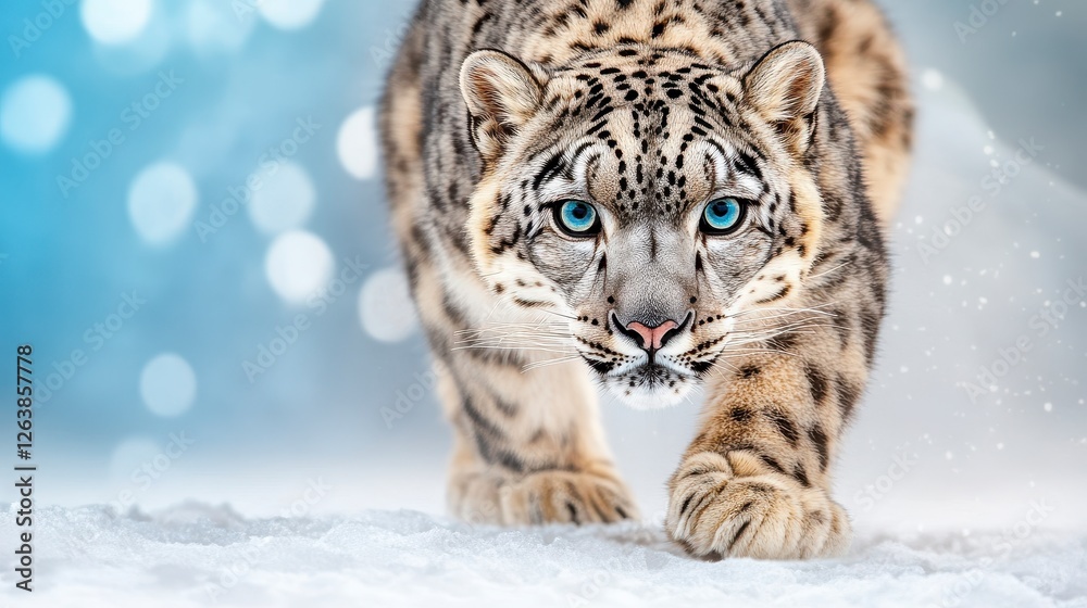 Fototapeta premium Majestic Snow Leopard Walking Through Snowy Landscape With Blue Eyes