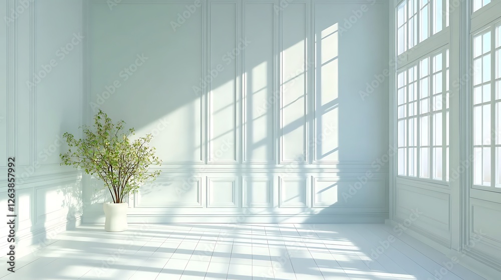 Obraz premium Sunlit Modern Room Interior: 3D Render of a Bright, Elegant Space AI Generated