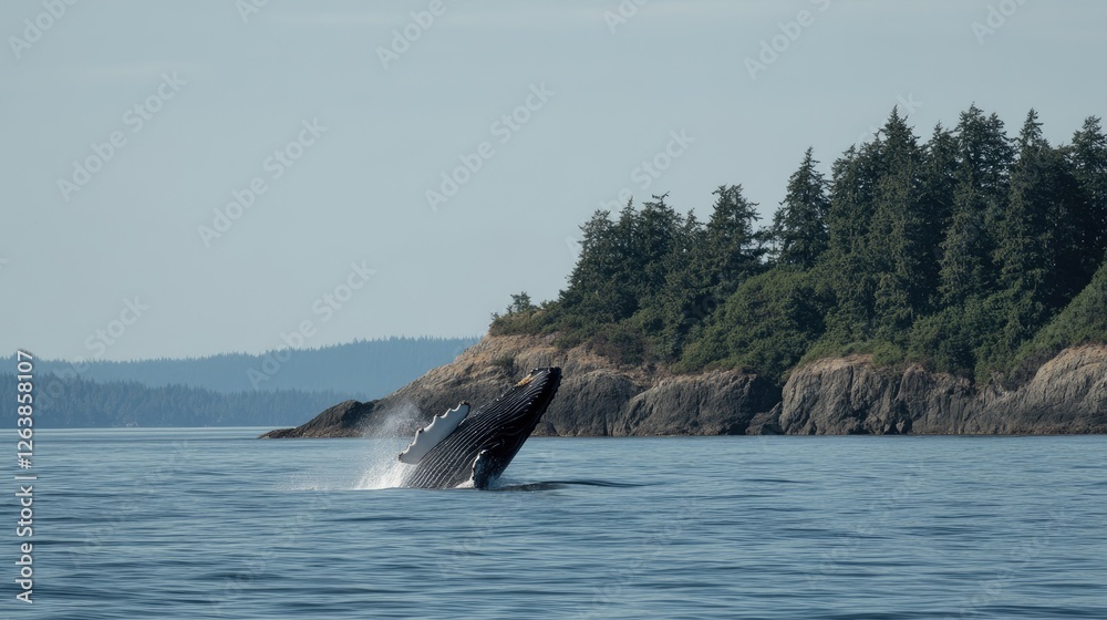 Fototapeta premium Humpback whale breaching, ocean, island background; wildlife documentary
