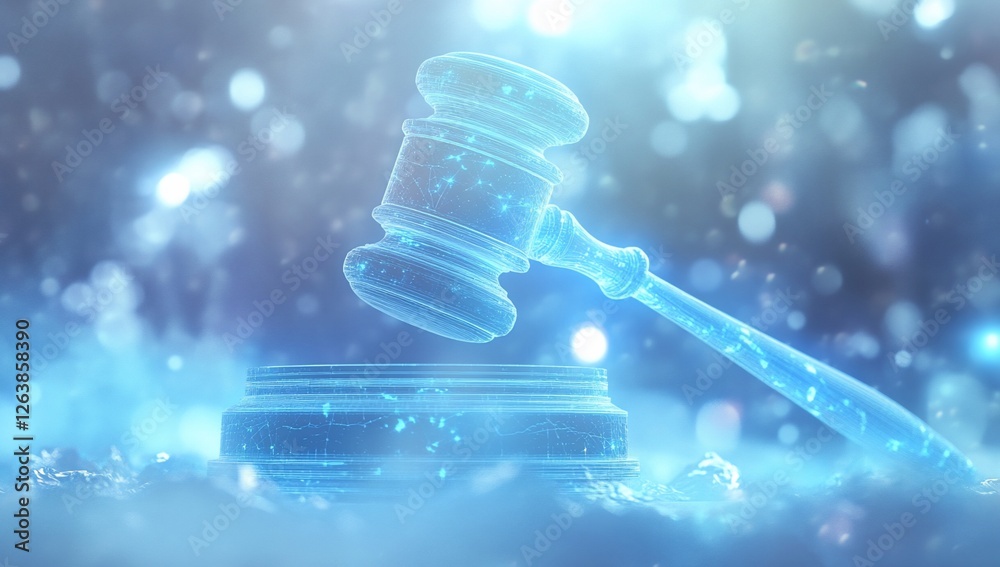 Glowing digital gavel on a stand, signifying justice and law.
