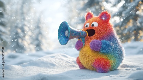 A comical, multi-colored 3D rendition of a yeti cartoon character using a megaphone to make an announcement, isolated on a white background as clip art. photo