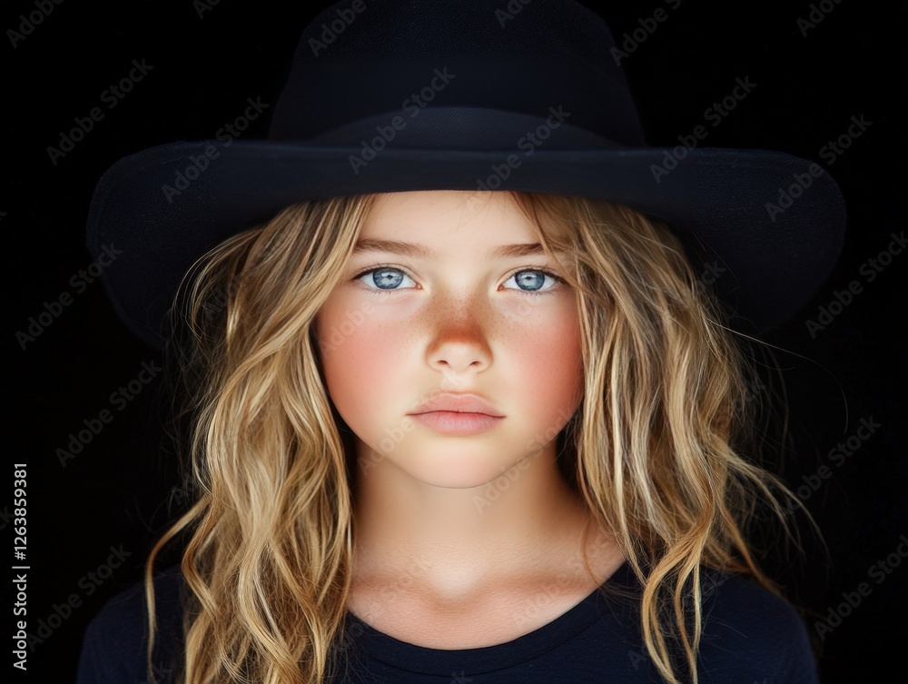 Moody portrait of a young girl wearing a black wide brimmed hat against a dark background, intense gaze and soft dramatic lighting emphasizing facial features Moody portrait of a young girl wearing a black wide brimmed hat against a dark background, intense gaze and soft dramatic lighting emphasizing facial features