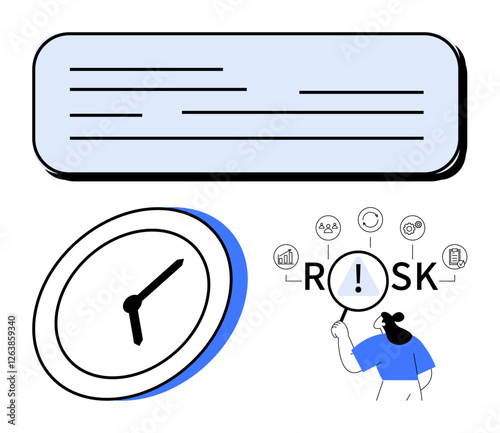 Woman reviewing risk factors with icons, a clock emphasizing time sensitivity, and an information panel. Ideal for project management, risk assessment, decision-making, time management, planning