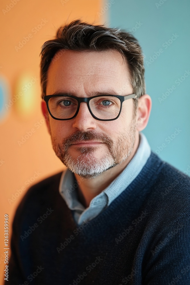 Portrait of a man with glasses, wearing a dark blue sweater against a colorful background. Portrait of a man with glasses, wearing a dark blue sweater against a colorful background.