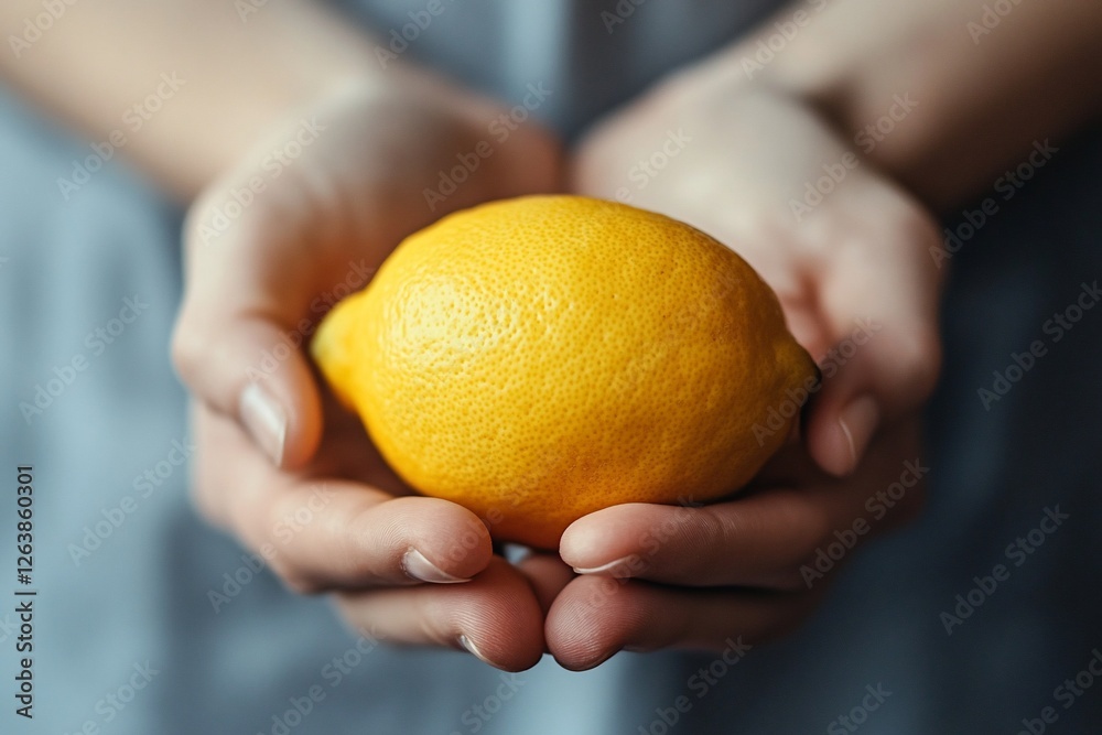 Woman's hands gently cradling a single, ripe lemon. Woman's hands gently cradling a single, ripe lemon.