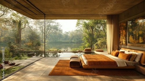 Luxurious bedroom, lake view, jungle backdrop, sunrise, interior design