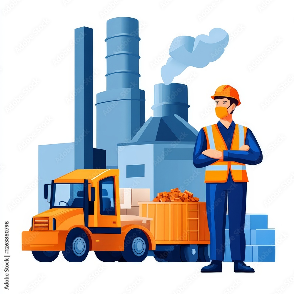 Industrial factory complex with smokestacks emitting fumes, worker in safety gear, and large transport truck symbolizing manufacturing, logistics, and environmental impact in vector art Industrial factory complex with smokestacks emitting fumes, worker in safety gear, and large transport truck symbolizing manufacturing, logistics, and environmental impact in vector art