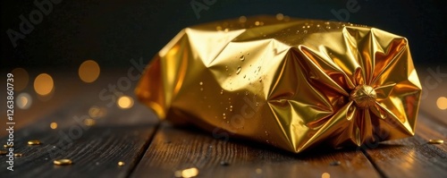Gold foil wrapper with shiny highlights and subtle glints in the dimly lit environment, gold, shine, ambiance