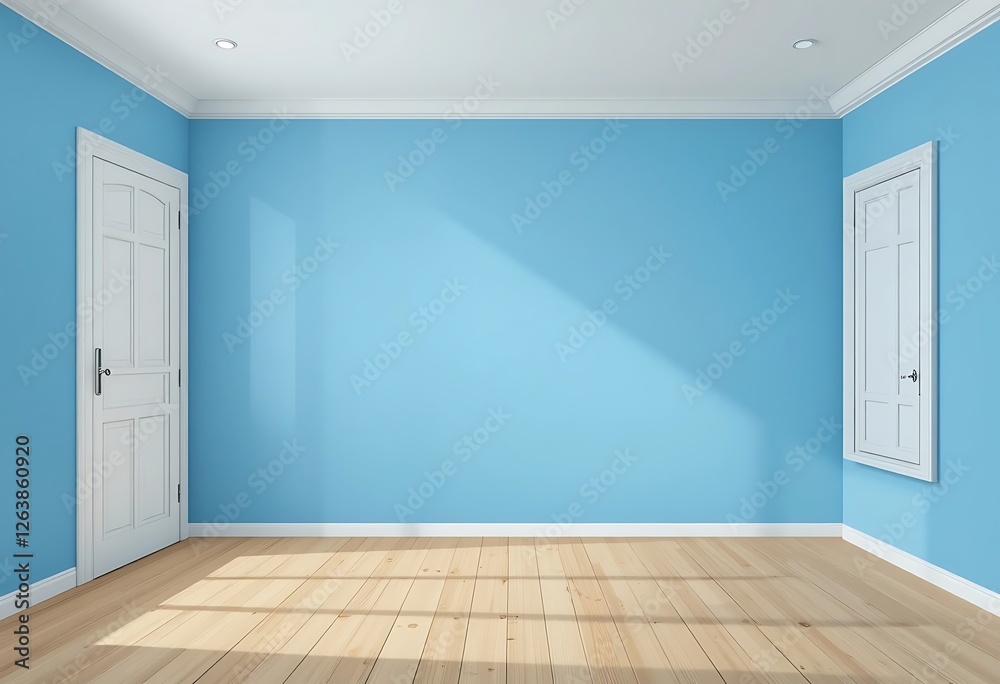 Obraz premium Serene Sky Blue Room with Wooden Floor and Sunlight Accents for Background