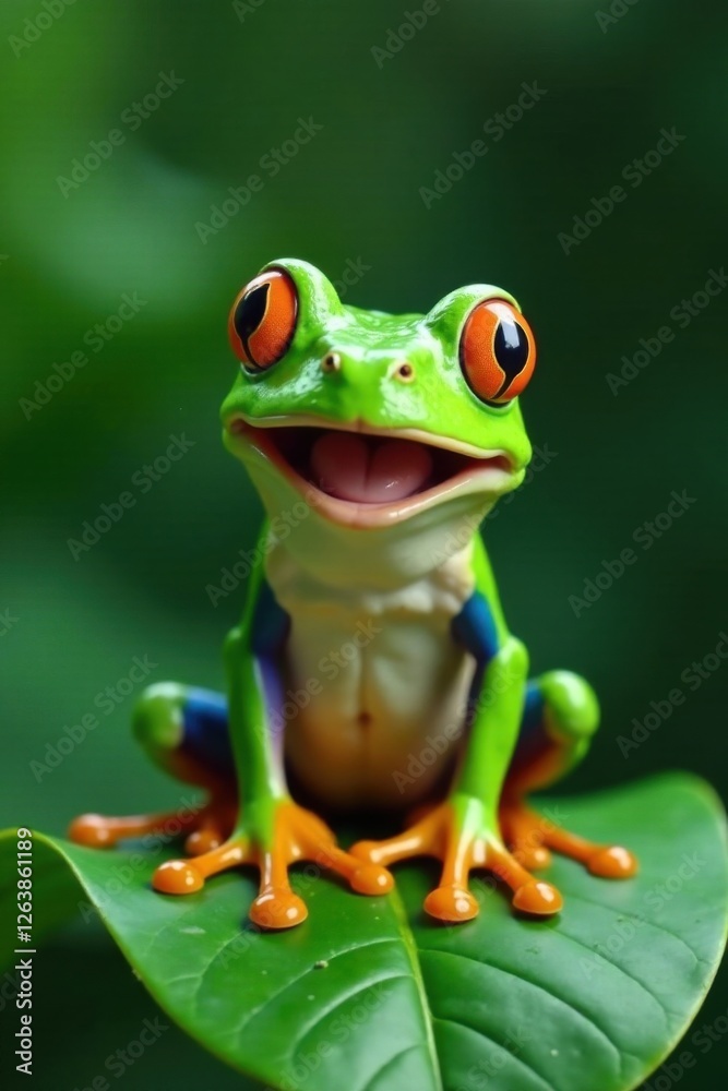 Fototapeta premium Green frog sitting on a leaf with big smile and open mouth , happy, outdoor