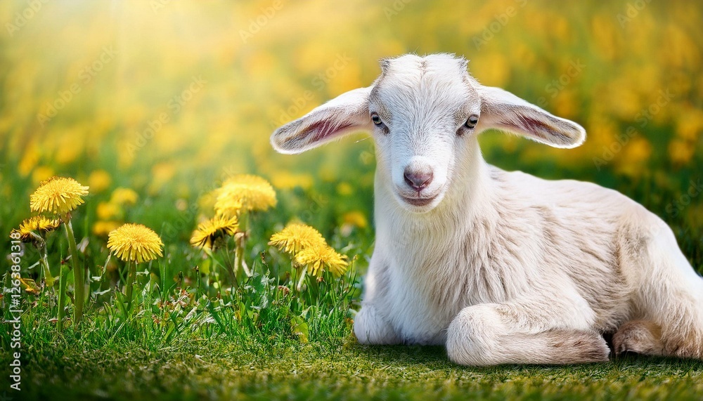 Obraz premium Cute sitting baby goat sheep background banner panorama spring easter. Eid mubarak