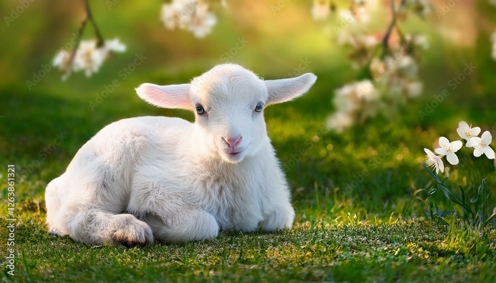 Fototapeta premium Cute sitting baby goat sheep background banner panorama spring easter. Eid mubarak 