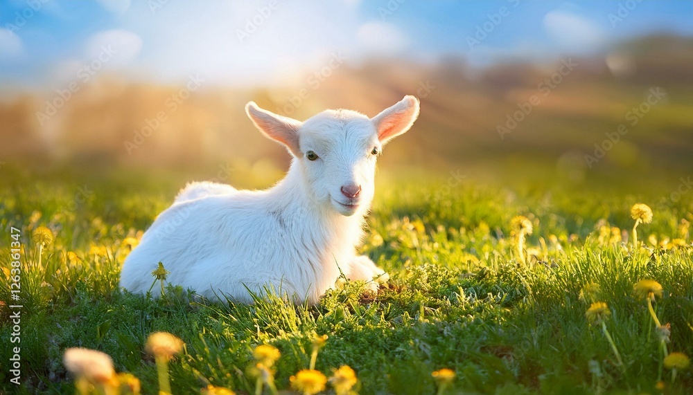 Obraz premium Cute sitting baby goat sheep background banner panorama spring easter. Eid mubarak