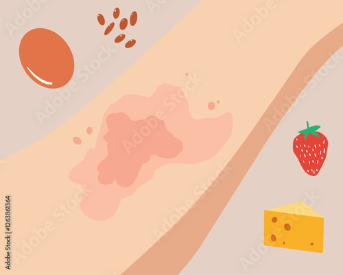 Vector illustration of an allergic reaction on the skin, showing red rashes and irritation. One version includes common allergenic foods like nuts, strawberries, cheese, and eggs. Useful for medical, 