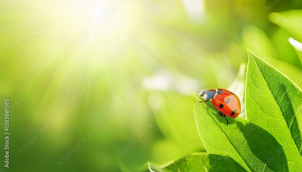 Fototapeta premium Wide format background image of fresh juicy green leaves and ladybug lit by rays of sun in nature with space for text. 