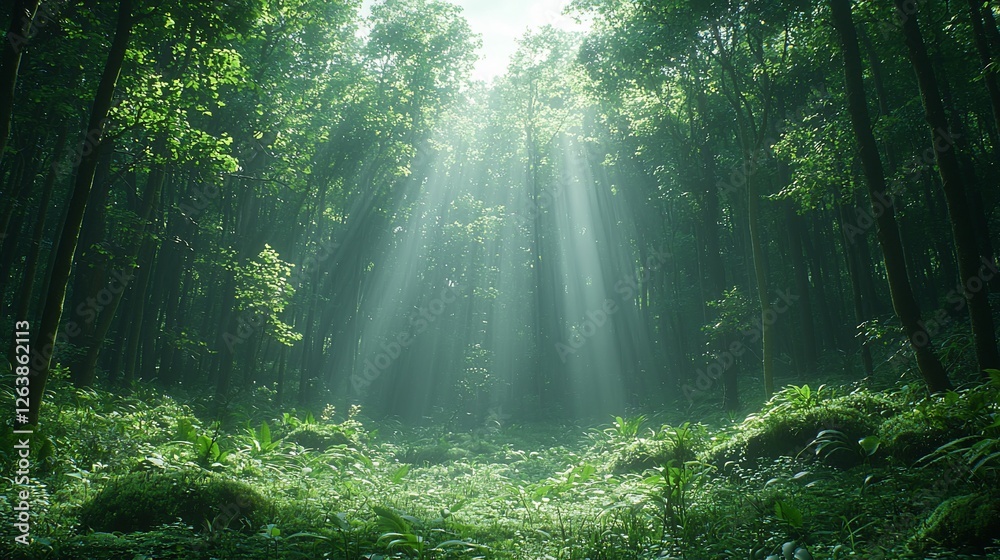 Obraz premium Serene forest scene with sunlight filtering through trees, illuminating lush greenery below