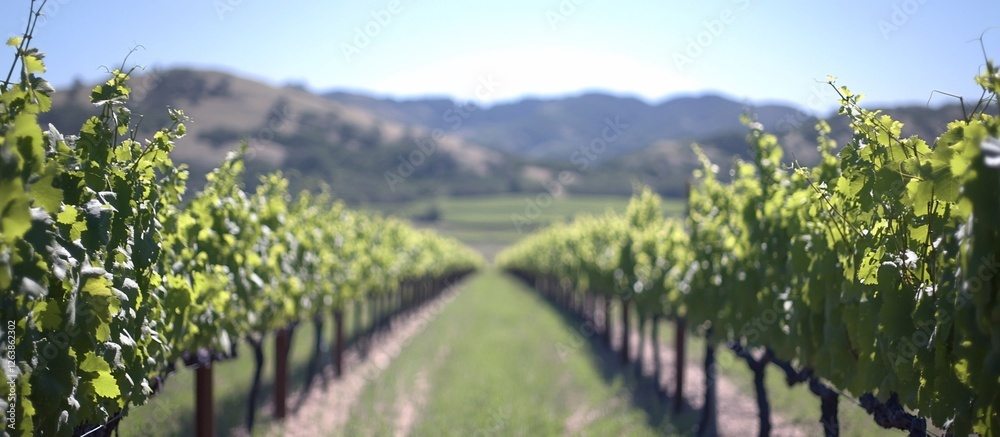 Lush green vineyard rows stretch towards distant hills under a bright sky. Lush green vineyard rows stretch towards distant hills under a bright sky.