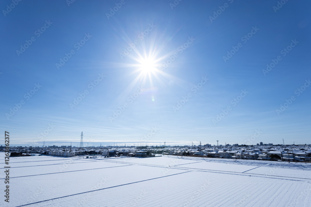 Fototapeta premium 太陽が輝く青空と積雪の多賀城市