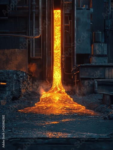 Molten metal flows from furnace, industrial plant