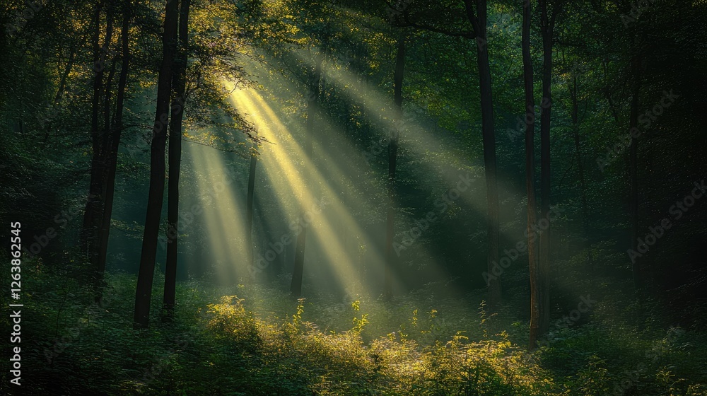 Fototapeta premium Sunlight beams through forest canopy, misty morning